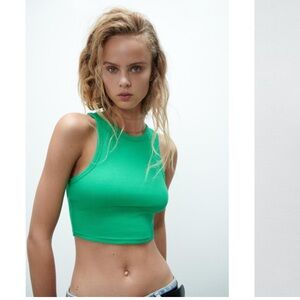 Zara Ribbed T-shirt sleeveless top round neckline 3253/302/500 green M